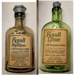 Vintage Royall Lyme Bermuda Bay RUM Lotion After Shave Glass Bottle Bay Leaf Set